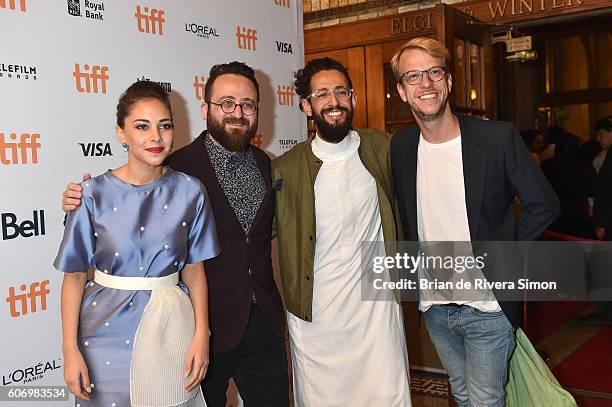 Actress Fatima AlBanawi, Director Mahmoud Sabbagh, Actor Hisham Fageeh, and Ricardo Monastier attend the "Barakah Meets Barakah" premiere during the...