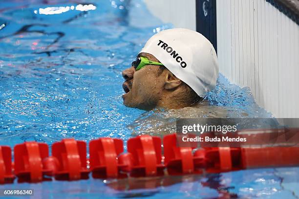 Cristopher Tronco of Mexico reacts after competing the Men's 150m Individual Medley - SM3 Final on day 9 of the Rio 2016 Paralympic Games at the...
