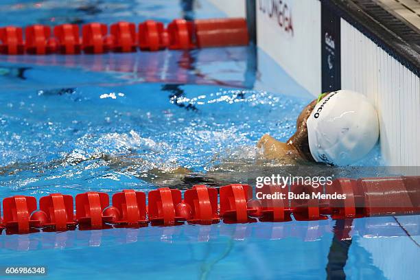 Cristopher Tronco of Mexico finishes the Men's 150m Individual Medley - SM3 Final on day 9 of the Rio 2016 Paralympic Games at the Olympic Aquatics...