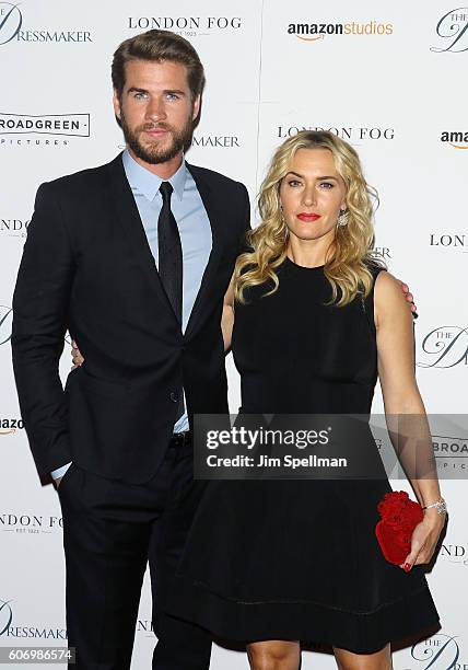 Actors Liam Hemsworth and Kate Winslet attend the "The Dressmaker" New York screening at Florence Gould Hall Theater on September 16, 2016 in New...