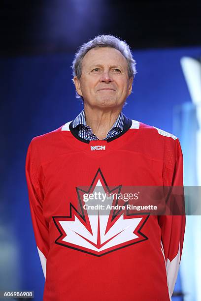 Paul Henderson on stage at the opening ceremonies during the World Cup of Hockey 2016 at the Scotiabank Fan Village on September 16, 2016 in Toronto,...