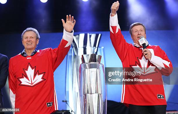 Paul Henderson and John Tory on stage at the opening ceremonies during the World Cup of Hockey 2016 at the Scotiabank Fan Village on September 16,...
