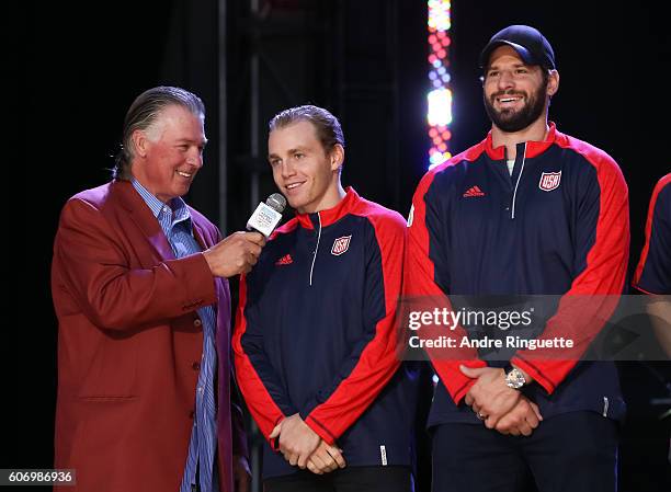 Barry Melrose interviews Patrick Kane and Ryan Kesler of Team USA on stage at the opening ceremonies during the World Cup of Hockey 2016 at the...