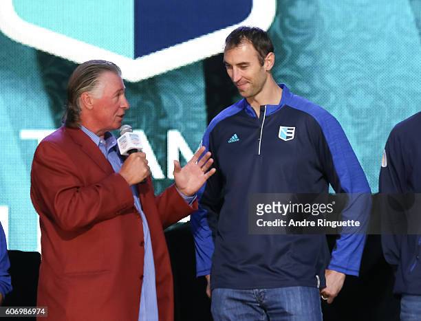 Barry Melrose talks with Zdeno Chara of Team Europe on stage at the opening ceremonies during the World Cup of Hockey 2016 at the Scotiabank Fan...