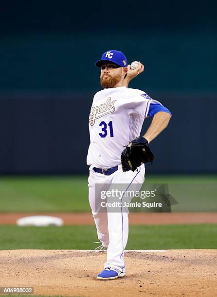 Starting pitcher Ian Kennedy of the Kansas City Royals warms up prior to the start of the game against the Chicago White Sox at Kauffman Stadium on...