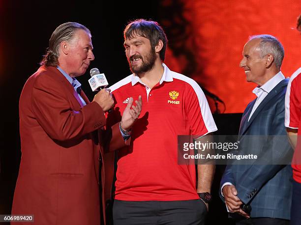Barry Melrose talks with Alex Ovechkin of Team Russia with Ron MacLean on stage at the opening ceremonies during the World Cup of Hockey 2016 at the...