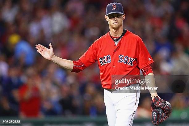 Clay Buchholz of the Boston Red Sox reacts after pitching the third inning against the New York Yankees at Fenway Park on September 16, 2016 in...