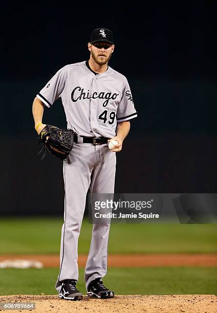 Starting pitcher Chris Sale of the Chicago White Sox warms up prior to the 3rd inning of the game against the Kansas City Royals at Kauffman Stadium...