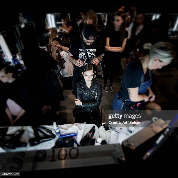 An Instant view of models backstage at the Shrimps presentation during London Fashion Week Autumn/Winter collections 2016/2017 on September 16, 2016...