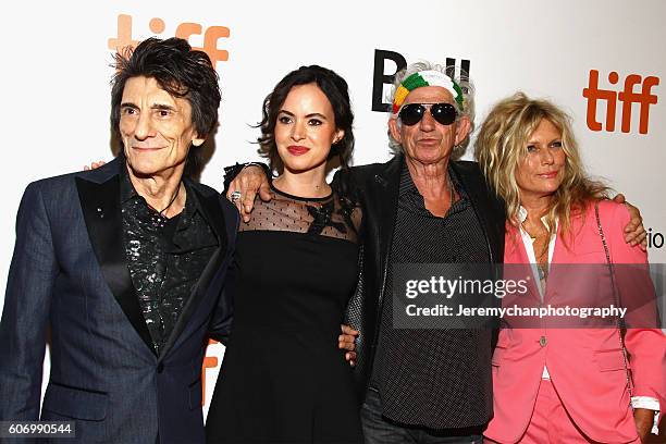 Musician Ronnie Wood, Sally Humphreys, musician Keith Richards, and Patti Hansen attend the "The Rolling Stones Ole Ole Ole!: A Trip Across Latin...