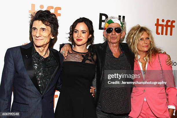 Musician Ronnie Wood, Sally Humphreys, musician Keith Richards, and Patti Hansen attend the "The Rolling Stones Ole Ole Ole!: A Trip Across Latin...