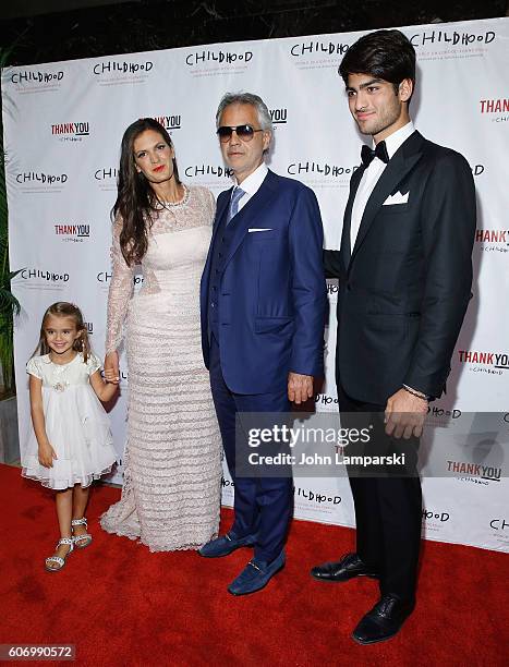 Virginia Bocelli, Veronica Berti and Artist Andrea Bocelli and Amos Bocelli attend World Childhood Foundation USA Thank You Gala 2016 at Cipriani...