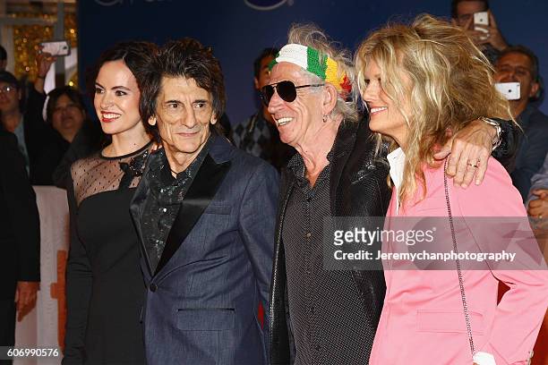 Sally Humphreys, musician Ronnie Wood, musician Keith Richards, and Patti Hansen attend the "The Rolling Stones Ole Ole Ole!: A Trip Across Latin...