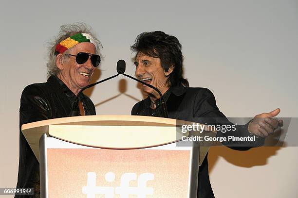 Musicians Keith Richards and Ronnie Wood attend 'The Roling Stones Ole Ole Ole!: A Trip Across Latin America' Premiere during the 2016 Toronto...