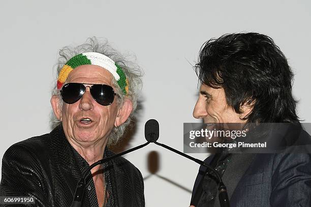 Musicians Keith Richards and Ronnie Wood attend 'The Roling Stones Ole Ole Ole!: A Trip Across Latin America' Premiere during the 2016 Toronto...