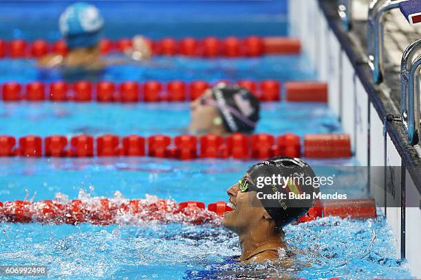 Teresa Perales of Spain celebrates winning the gold medal in the Women's 50m Backstroke - S5 on day 9 of the Rio 2016 Paralympic Games at the Olympic...