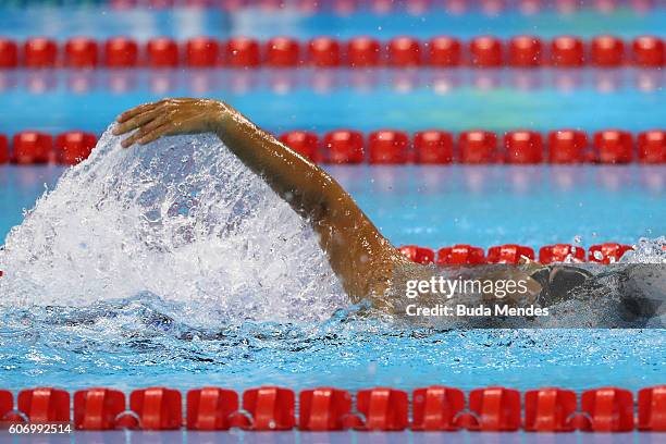 Teresa Perales of Spain celebrates winning the gold medal in the Women's 50m Backstroke - S5 on day 9 of the Rio 2016 Paralympic Games at the Olympic...