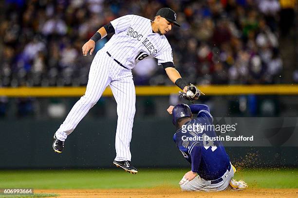 Cristhian Adames of the Colorado Rockies applies a tag on Wil Myers of the San Diego Padres, who was tagged out attempting to steal second base, to...