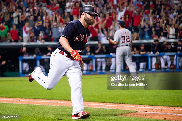 Mike Napoli of the Cleveland Indians rounds the bases after hitting a two run home run off starting pitcher Michael Fulmer of the Detroit Tigers...