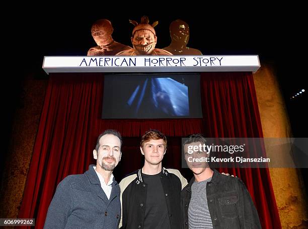 Actors Denis O'Hare, Evan Peters and Finn Wittrock attend Universal Studios "Halloween Horror Nights" opening night at Universal Studios Hollywood on...
