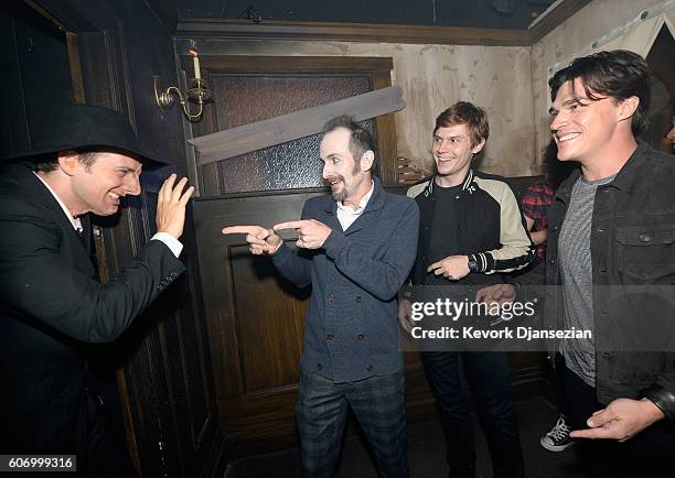 Actors Denis O'Hare, Evan Peters and Finn Wittrock attend Universal Studios "Halloween Horror Nights" opening night at Universal Studios Hollywood on...