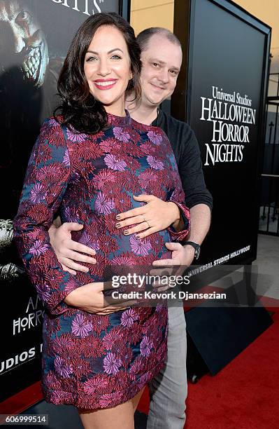 Actress Kate Siegel and director Mike Flanagan attend Universal Studios "Halloween Horror Nights" opening night at Universal Studios Hollywood on...
