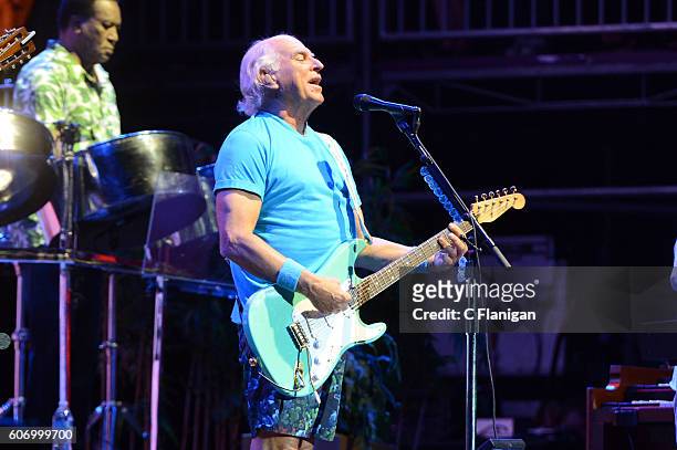 Singer Jimmy Buffett performs on the Sunset Cliffs stage during KAABOO Del Mar at the Del Mar Fairgrounds on September 16, 2016 in Del Mar,...