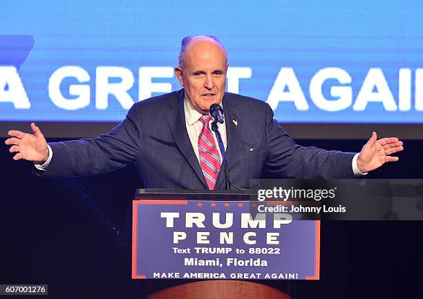 Former Mayor of New York City Rudy Giuliani introduces US Republican presidential nominee Donald Trump during a campaign event at James L. Knight...