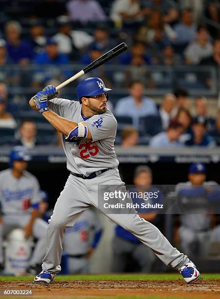 Rob Segedin of the Los Angeles Dodgers in action against the New York Yankees during a game at Yankee Stadium on September 13, 2016 in New York City.