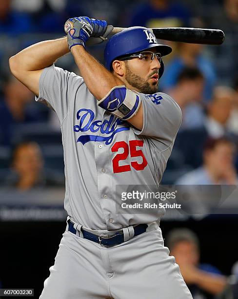 Rob Segedin of the Los Angeles Dodgers in action against the New York Yankees during a game at Yankee Stadium on September 13, 2016 in New York City.