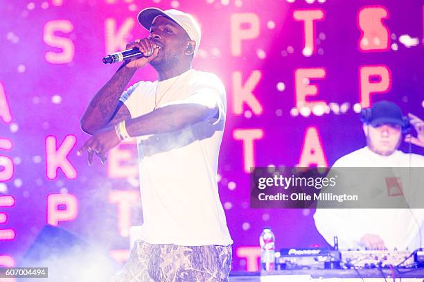 Skepta performs on the mainstage with DJ Maximum during the 2nd day of Bestival 2016 at Robin Hill Country Park on September 10, 2016 in Newport,...