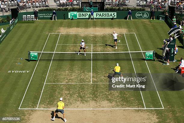 Sam Groth and John Peers of Australia play in the doubles match against Andrej Martin and Igor Zelenay of Slovakia during the Davis Cup World Group...