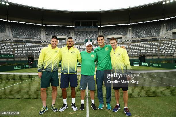 Sam Groth, Nick Kyrgios, Bernard Tomic and John Peers of Australia with captain of Australian Lleyton Hewitt pose after winning the Davis Cup World...