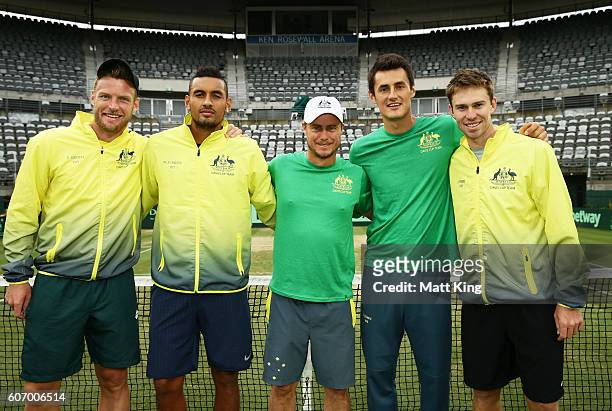 Sam Groth, Nick Kyrgios, Bernard Tomic and John Peers of Australia with captain of Australian Lleyton Hewitt pose after winning the Davis Cup World...