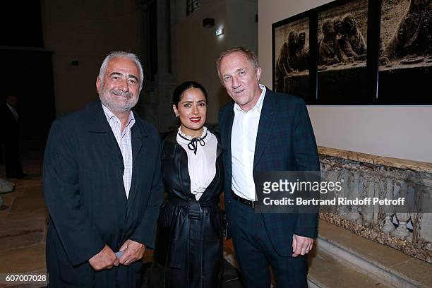 Chef Guy Savoy, CEO of Kering Group, Francois-Henri Pinault and his wife actress Salma Hayek attend the 4O Rue de Sevres : Preview at the Head...