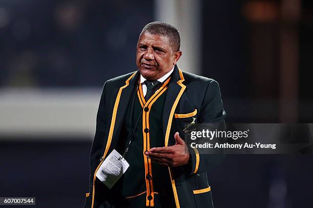 Head Coach Allister Coetzee looks on prior to the Rugby Championship match between the New Zealand All Blacks and the South Africa Springboks at AMI...