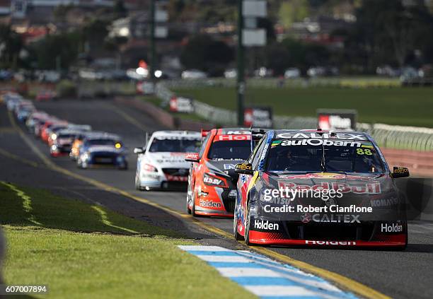 Jamie Whincup drives the Red Bull Racing Australia Holden during qualifying for the Sandown 500 at Sandown International Motor Raceway on September...