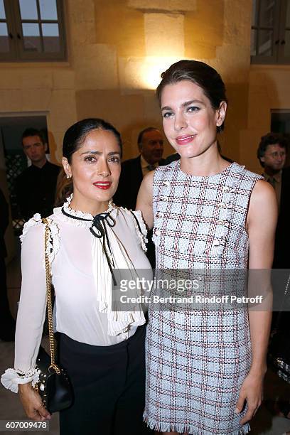 Actress Salma Hayek and Charlotte Casiraghi attend the 4O Rue de Sevres : Preview at the Head Offices of Both Kering and Balenciaga. Building. The...