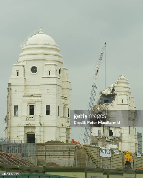 View of the ongoing demolition of the twin towers at the original Wembley Stadium, London, England, February 8, 2003.