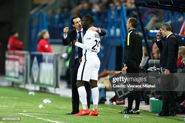 Unai Emery, headcoach of Paris Saint Germain and Jean Kevin Augustin of Paris Saint Germain during the Ligue 1 match between SM Caen and Paris Saint...