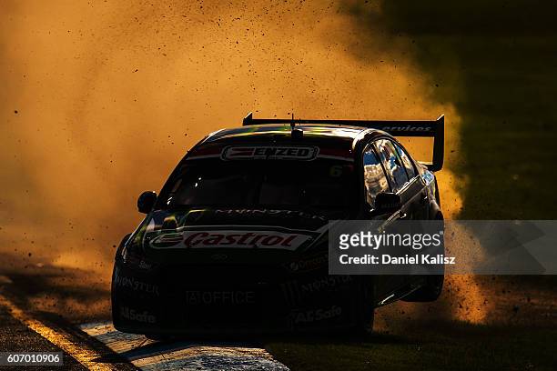 Cameron Waters drives the Monster Energy Ford Falcon FGX gets airborne on the opening lap during Qualifying Race 2 ahead of V8 Supercars Sandown 500...