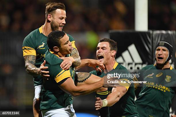 Bryan Habana of the Springboks celebrates scoring a try during the Rugby Championship match between the New Zealand All Blacks and the South Africa...