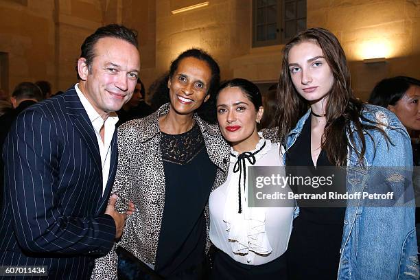 Vincent Perez, his wife Karine Silla, actress Salma Hayek and Mathilde Pinault attend the 4O Rue de Sevres : Preview at the Head Offices of Both...