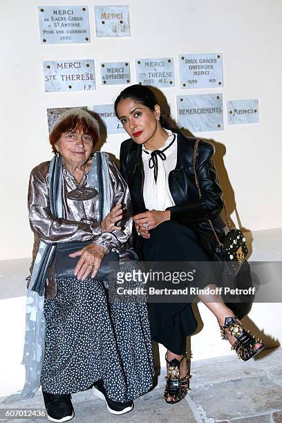 Photographer Agnes Varda and actress Salma Hayek attend the 4O Rue de Sevres : Preview at the Head Offices of Both Kering and Balenciaga. Building....