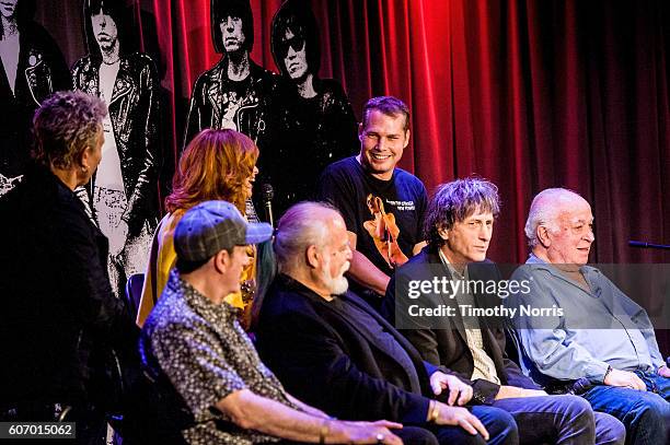 Billy Idol, Linda Ramone, Shepard Fairey, Monte Melnick, Ed Stasium, Mickey Leigh and Seymour Stein speak during Hey! Ho! Let's Go: Celebrating 40...