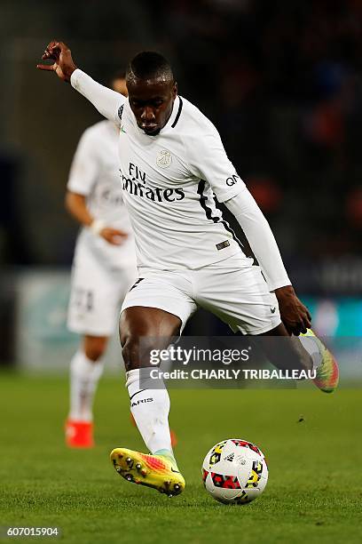 Paris Saint-Germain's French midfielder Blaise Matuidi shots the ball during the French L1 football match between Caen and Paris , on September 16,...