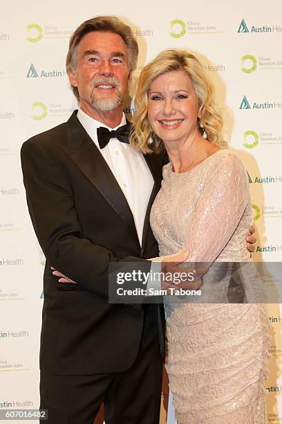 John Easterling and Olivia Newton-John arrive ahead of the Olivia Newton-John Gala at Crown Palladium on September 17, 2016 in Melbourne, Australia.