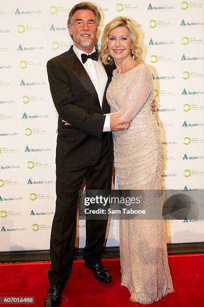 John Easterling and Olivia Newton-John arrive ahead of the Olivia Newton-John Gala at Crown Palladium on September 17, 2016 in Melbourne, Australia.