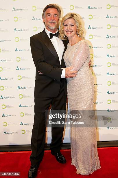 John Easterling and Olivia Newton-John arrive ahead of the Olivia Newton-John Gala at Crown Palladium on September 17, 2016 in Melbourne, Australia.