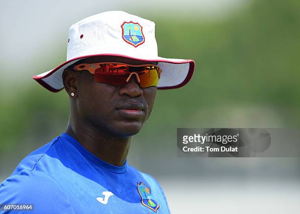 Marlon Samuels of West Indies looks on during a nets session at ICC Cricket Academy on September 17, 2016 in Dubai, United Arab Emirates.